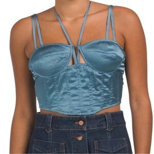 NWT Japna Teal Satin Corset Halter Tie Up Crop Top